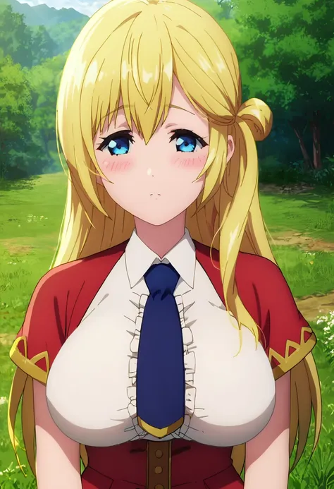 anime girl with long blonde hair wearing a red dress and blue tie