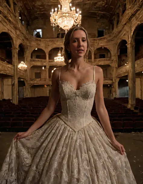 In this enigmatic scene, Sydnee, the elegantly garbed woman in her stunning vintage-style ball gown with intricate lace and pearl accents, stands gracefully amidst the abandoned yet romantic opera house, capturing the attention of all who witness her power...