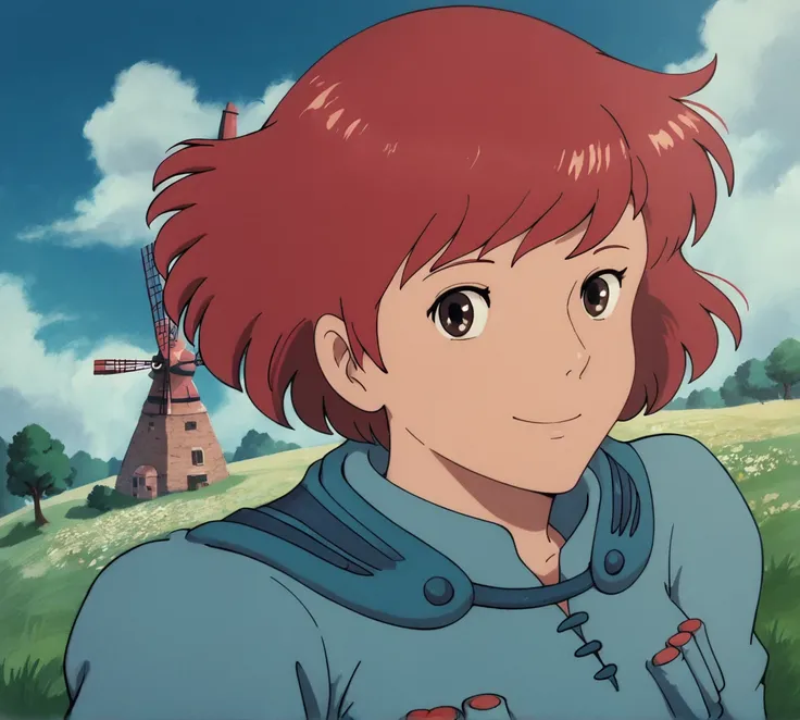 Nausicaa, red hair, zPDXL, best quality, amazing quality, score 9, 1girl, smile, windmill, looking at viewer, <lora:Nausicaa_r2:0.8>