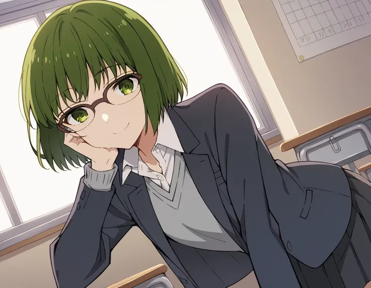 score_9, score_8_up, score_7_up, source_anime,
sakurakouno,  <lora:sakura-kouno-s2-ponyxl-lora-nochekaiser:1>,
sakura kouno, short hair, bangs, green eyes, green hair, glasses, semi-rimless eyewear, over-rim eyewear,
shirt, school uniform, jacket, collared...