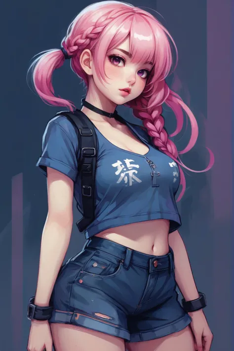 anime style digital painting, sketch, 1girl, woman, girl, cute, sexy, creative costume design,punk hair, denim skirt, bombshell hair, violet hair, side braid, vivid lightsalmon clothes, thicc body, wide hips, narrow waist, large breasts, chinese