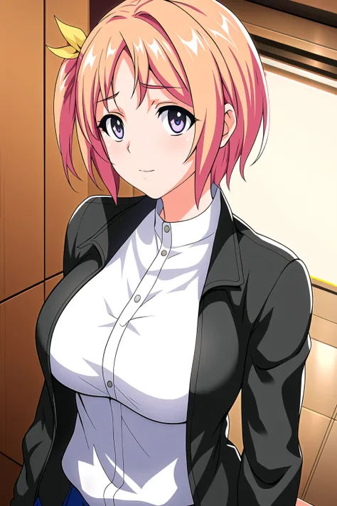 Simple White Background,
dynamic pose,standing at attention,
black jacket ,white shirt,long sleeves, 
<lora:Hiiragi_Kururu_MankitsuHappening-KK77-V2:0.7>,
blue eyes, pink hair,bangs,hair ribbon, short hair, single side ponytail, 
<lora:Oda_Non_Style-KK77-V...