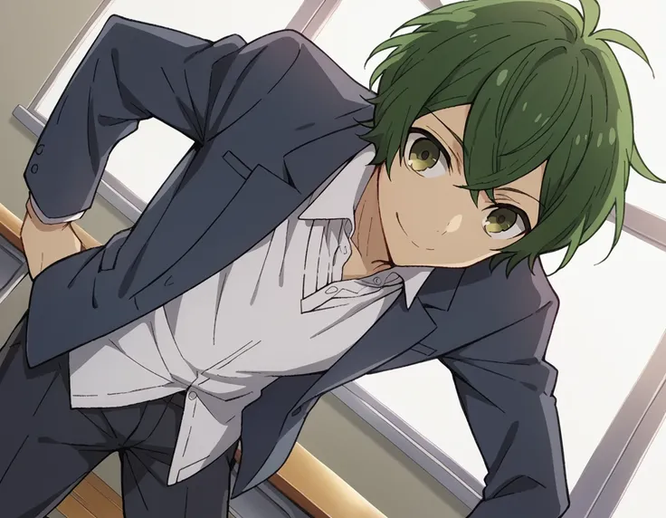 score_9, score_8_up, score_7_up, source_anime,
shuuiura,  <lora:shuu-iura-s2-ponyxl-lora-nochekaiser:1>,
shuu iura, short hair, green eyes, male focus, green hair,
shirt, long sleeves, school uniform, jacket, white shirt, open clothes, collared shirt, pant...