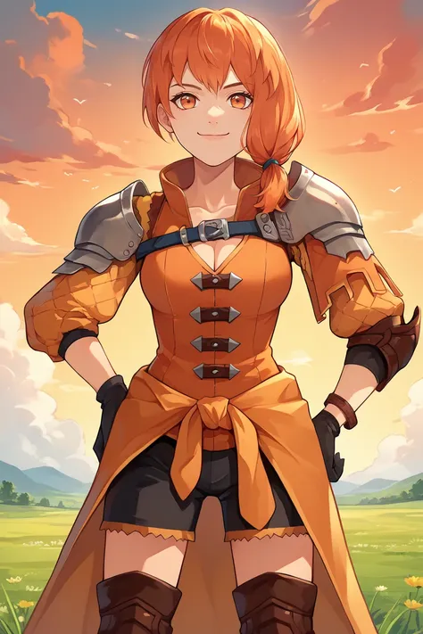 score_9, score_8_up, score_7_up, score_6_up, source_anime, BREAK 1girl, <lora:leonie-pdxl-nvwls-v1-000005:1> warLeonie, orange hair, medium hair, orange eyes, shoulder armor, pauldrons, orange tunic, cleavage, black shorts, clothes around waist, black glov...