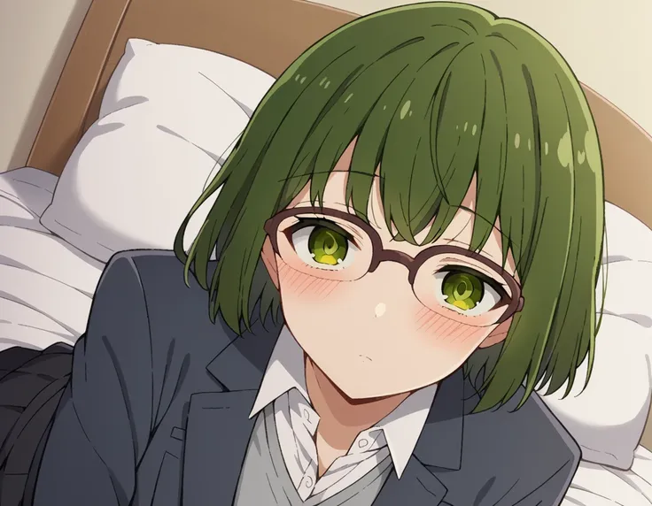 score_9, score_8_up, score_7_up, source_anime,
sakurakouno,  <lora:sakura-kouno-s2-ponyxl-lora-nochekaiser:1>,
sakura kouno, short hair, bangs, green eyes, green hair, glasses, semi-rimless eyewear, over-rim eyewear,
shirt, school uniform, jacket, collared...