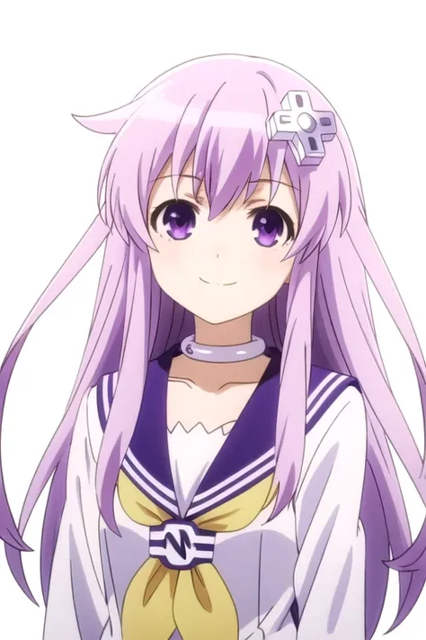 solo, 1girl, looking at viewer, 2D, anime, anime coloring, upper body, (simple background, solid white background:1.3), <lora:nepgear-choujigenneptune:0.8>, nepgear (neptunia), choker, sailor dress, smile