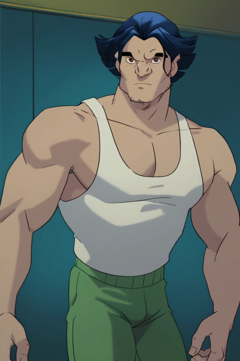 score_9, score_8_up, score_7_up,  logan, 1boy, solo, male focus, mature male, short hair, dark blue hair, brown eyes, thick eyebrows, facial hair, stubble, sideburns, muscular, white tank top, green pants, looking at viewer, standing, cowboy shot, indoors,...