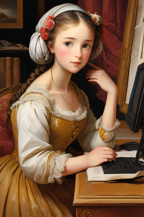 masterpiece,best quality,<lora:tbh152-:0.7>,illustration,style of Élisabeth Vigée-Lebrun, tech genius teenage girl