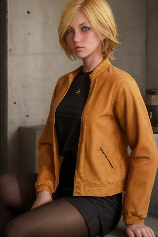 masterpiece, best quality, young, looking at viewer, facing viewer, blonde, blue eyes, short hair, freckles, sitting, black shirt, orange boomber jacket, brown shorts, pantyhose,