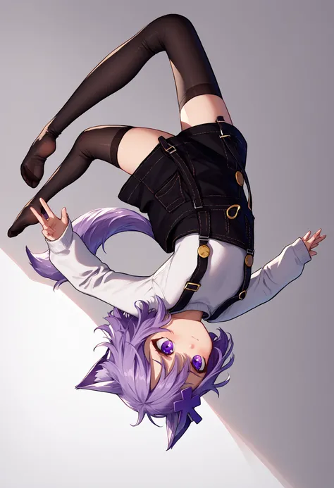 score_9, score_8_up, score_7_up, source_anime, 1girl, upside-down, backflip, <lora:Backflip_XLPD:1>, FilianOverall, tail, short hair, purple hair ornament, overalls, white sweater, black thighhighs, <lora:ChamFilianPonyXL:1>,