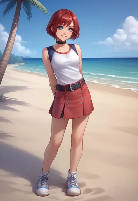 score_9, score_8_up, source_anime, highly detailed, 1girl, solo,
kairi, 1girl, solo, blue eyes, red hair, short hair, skirt, smile, choker, belt,
full body, jewelry, arms behind back, human child,
outdoor, beach, palm,