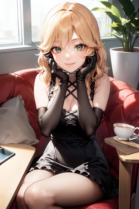 1girl, sakurai momoka, , 1other, blonde hair, cellphone photo, cross-laced clothes, cup, dress, fishnet gloves, fishnets, frilled dress, frills, gloves, green eyes, hand on own cheek, hand on own face, head rest, holding, holding phone, indoors, looking at...