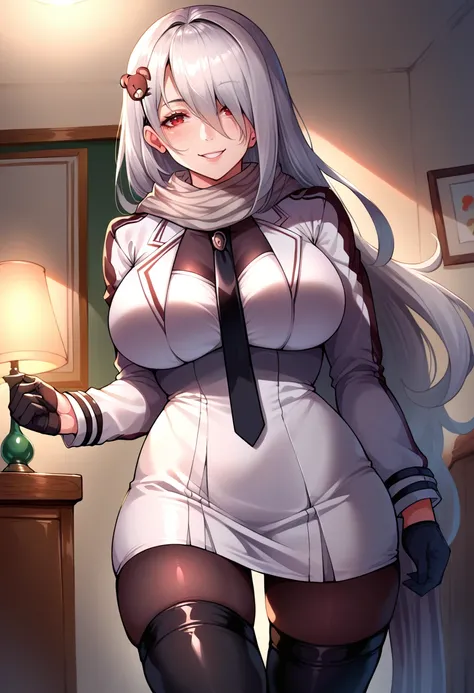 score_9,score_8_up,score_7_up BREAK 1girl,jelopkdef,solo,indoors,standing,grey hair,hair over one eye,bear hair ornament,red eyes,grey scarf,black necktie,bodystocking,cropped jacket,white jacket,short dress,white dress,black gloves,thighhighs,looking at v...