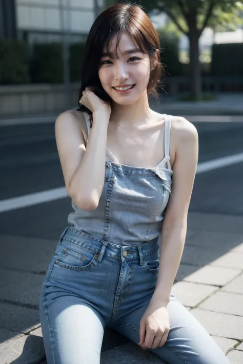 (realistic), (hyperrealism),best quality, masterpiece,ultra high res, (photorealistic:1.4),1girl,(looking at viewer:1.2),1girl, solo, realistic, looking at viewer, short jeans, tanktop, chin resting on hand,
,   <lora:makina69_tiffany_v1.0:1>,smile, teeth