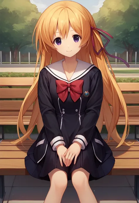 score_9, score_8_up, score_7_up, solo, 1girl, kurusu nono, smile, looking at viewer, sitting, park bench, blonde hair, hair ribbon, red ribbon, school uniform, black dress, short dress, white sailor collar, red bow, long sleeves, outdoors <lora:chaoschild_...