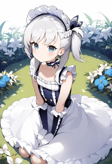 score_9, score_8_up, score_7_up, score_6_up, score_5_up, score_4_up, source_anime, bbbelfast, one side up, aged down, maid headdress, blue choker, frills, maid, sleeveless, elbow gloves, white gloves, waist apron, white apron, <lora:belfast_(azur_lane)_pon...