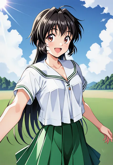 1girl, solo, (field:1.2), (sky:1.2), (sunlight:1.2), smile, open mouth, cowboy shot, 
inuzuka_saori, brown eyes, black hair, long hair, school uniform, serafuku, white shirt, short sleeves, white sailor collar, pleated skirt, green skirt, <lora:Graduation_...