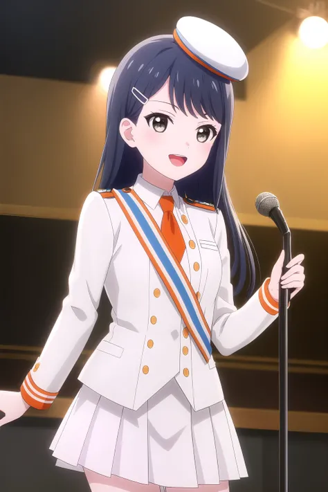 (masterpiece, best quality), highly detailed background, perfect lightingbest quality, kiyoseyuu, solo, indoors, stage, idol, beret, white headwear, dark blue hair, swept bangs, hairclip, very long hair, grey eyes, small breasts, epaulettes, white jacket, ...