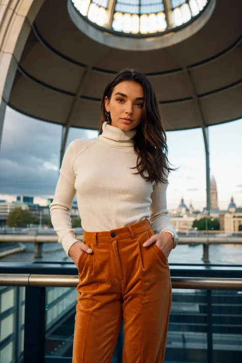 <lora:caseboon:0.9>caseboon, a woman wearing Cotton turtleneck and corduroy pants, london, St. Pauls Cathedrals magnificent dome, amidst the modern architecture of the City, (soft diffused lighting:0.5)