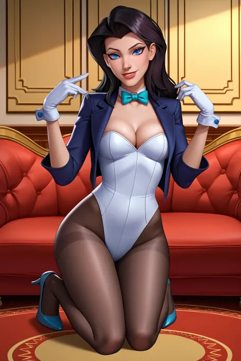 source_cartoon, source_anime, score_9, score_8_up, score_7_up, ((zPDXL2)), <lora:add-detail-xl:3> BREAK   <lora:Zatanna_-_Young_Justice:0.8> zatanna, black hair, blue eyes, (looking at viewer), solo, raised eyebrow, flirty smile, lipstick, bowtie, cleavage...