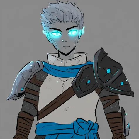 armor, short hair, solo, glowing, 1boy, glowing eyes, male focus, holding, looking at viewer, silver skin, shoulder armor, silver hair