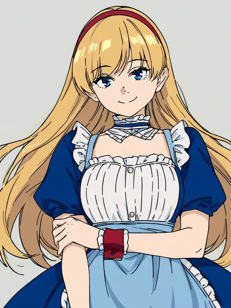 <lora:Frieren_Girls-PonyXL-1024px-v1.2:0.9>
score_5_up, score_6_up,  
1girl, solo,  long blonde hair, blue eyes, blue dress, white frilly apron, red hairband, detached cuffs, smile