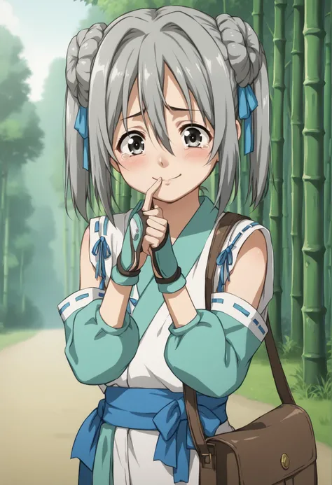 1girl, medium hair, grey hair, double bun, twintails, grey eyes, hair ribbon, onmyouji, japanese clothes, bare legs, miniskirt, ribbon, detached sleeves, fingerless gloves, bag. upper body, blushing, embarrassed, smile, clenched hand, hand to mouth, tearin...