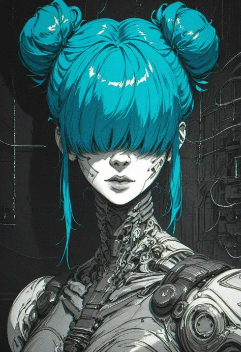 score_9, score_8_up, score_7_up, <lora:Xenotrip_v.2:1> xenotr1p, selective red color, monochrome, colored, 1girl, solo, portrait, cyberpunk white cyborg, hair covering eyes, twin bun hair, blue hair,  ,trending on dribbble, ad, aesthetics, aesthetic, pv,