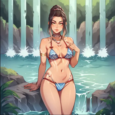 score_9, score_8_up, score_7_up,  <lora:k41n4:1> k41n4,1girl,solo,looking at viewer, bikini, waterfall,siting