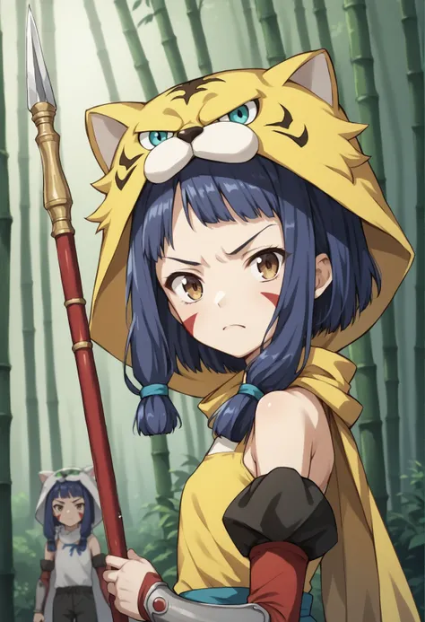 1girl, brown eyes, blue hair, medium hair, sidelocks, facepaint, animal hood, cape, bare shoulders, ribbon, detached sleeves, gauntlets, shorts, upper body, from side, disgust, looking at viewer, holding polearm, spear, outdoors, bamboo forest,  dynamic po...