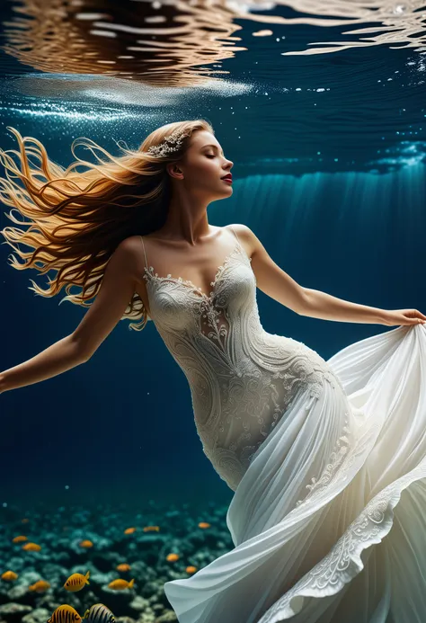 Capture the ethereal beauty of a bride swimming gracefully underwater, viewed from below the surface. The bride, dressed in an elegant, flowing white gown, moves with a fluid grace reminiscent of a mermaid. The fabric of her gown billows around her like a ...