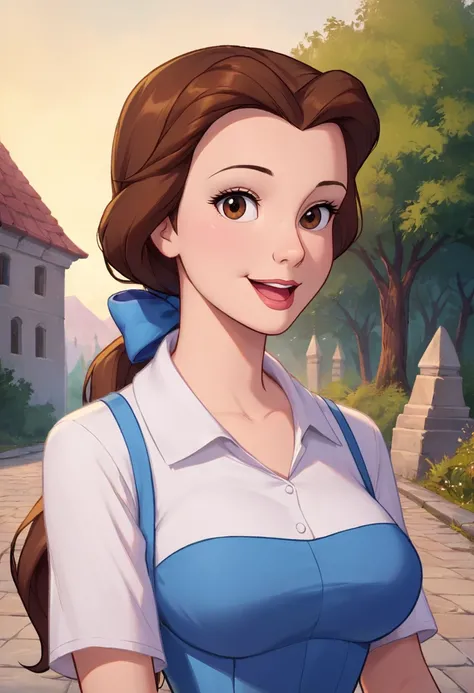 PonyXLV6_Scores ,source_anime, masterpiece,best quality, highly detailed,<lora:xl_more_art-full_v1:0.8>,cinematic,
BREAK
 <lora:belle:0.8>belle,1girl, solo, brown hair, shirt,brown eyes,  smile, white shirt, looking at viewer, upper body, outdoors, bow, po...