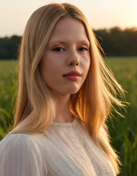 high resolution photo close-up of m1ag0th woman,long straight blonde hair,masterpiece,surreal lighting,volumetric lighting,bokeh,depth of field,cinematic,in a field