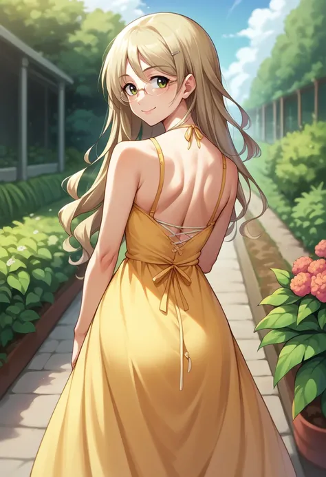 score_9, score_8_up, source_anime, 1girl, solo, KusunokiYua, long hair, glasses, hairclip, from behind, yellow sundress, garden, day, sunshine, smile, looking back, <lora:ChamYuaKusunokiPonyXL:1>