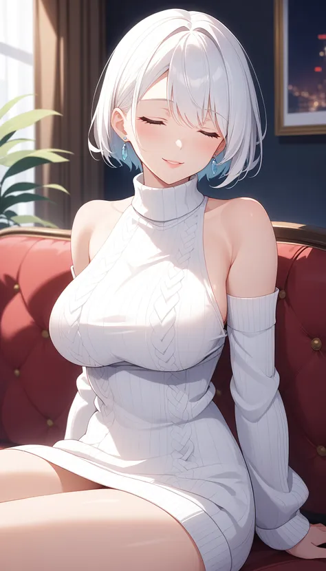 score_9, score_8_up, score_7_up, intricate details,
1girl, solo, closed eyes, sitting, sweater, smile, white hair, short hair, d...