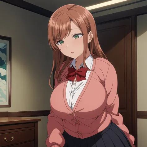 <lora:MinakoSanadaXL001>,
anime screencap,
best quality,masterpiece,
solo,
MinakoSanada,1girl,brown hair,long hair,green eyes,
large breasts,
white shirt,red bowtie,pink cardigan,long sleeves,
pleated_skirt,black skirt,