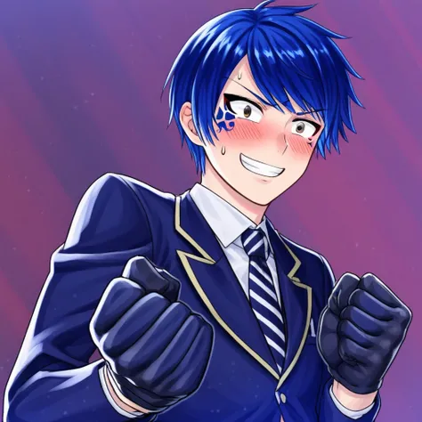 sweatdrop, Blue hair, school uniform, smile, club (shape), black gloves, blush, facial tattoo, clenched hand