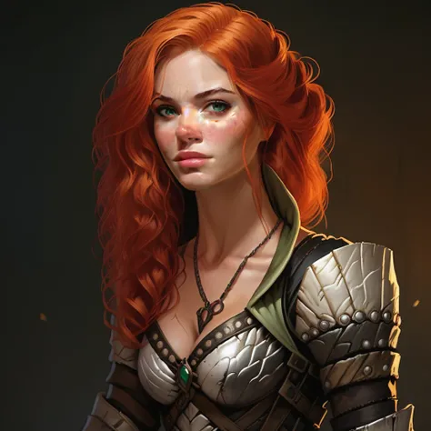 Vekkara , Vekkara (original character), 1girl, solo, long hair, breasts, looking at viewer, cleavage, jewelry, medium breasts, green eyes, upper body, red hair, necklace, orange hair, armor, lips, freckles, realistic, nose