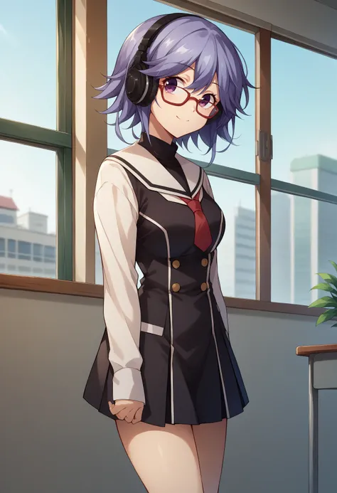 score_9, score_8_up, source_anime, 1girl, solo, KazukiHana, short hair, glasses, black headphones, school uniform, white sailor collar, red necktie, black skirt, indoors, window, smile, <lora:ChamHanaKazukiPonyXL:1>