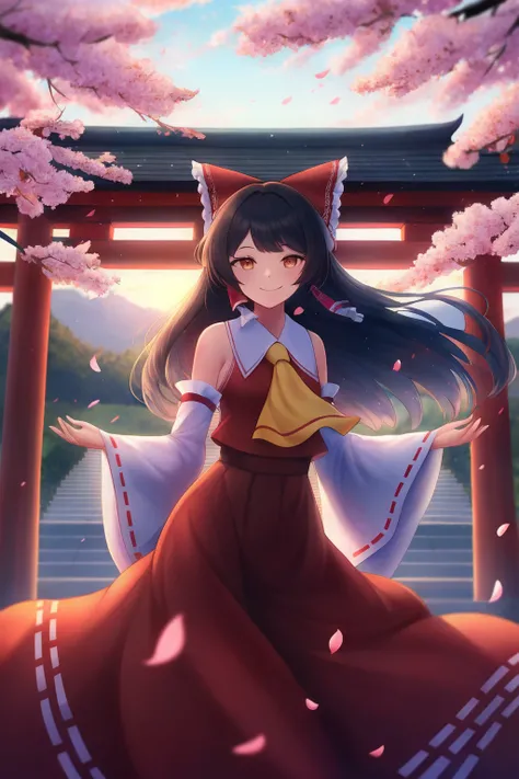 1girl, solo, hakurei reimu, straight hair, yellow ascot, detached sleeves, bare shoulders, looking at viewer, smile, newest, extremely aesthetic, best quality, outdoors, smile, cherry blossoms, wind, petals, shrine, scenery, cowboy shot,