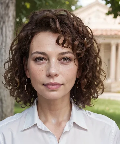 masterpiece, ultra detailed, donna_langley, policewoman, police uniform, police hat, portrait, close-up, woman, 1girl, (looking at viewer:1.3), beautiful face, (curly hair:1.3), (brown hair:1.1), (perfect eyes:1.2), brown eyes, pouty pink lips, perfect tex...