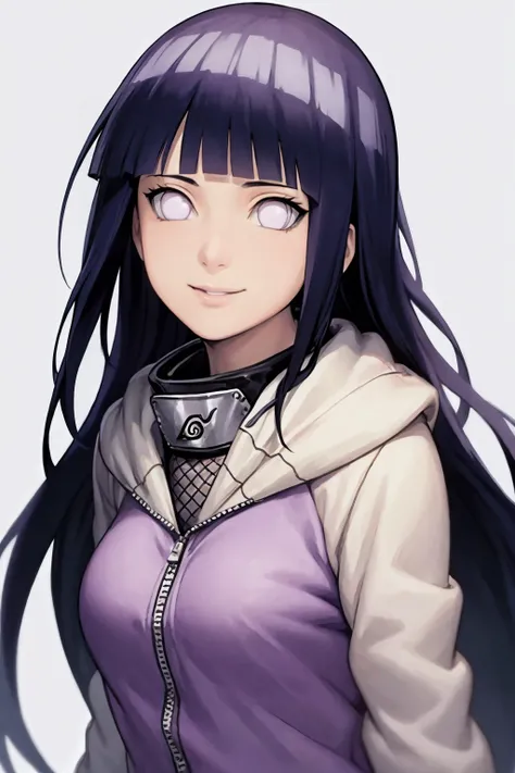 masterpiece, best quality,
1girl, hinata_shippu, long hair, two-tone jacket, white eyes, no pupils, hood down, konohagakure symbol, forehead protector,
smile, upper body, solo, looking at viewer, simple background    <lora:Hinata:1>