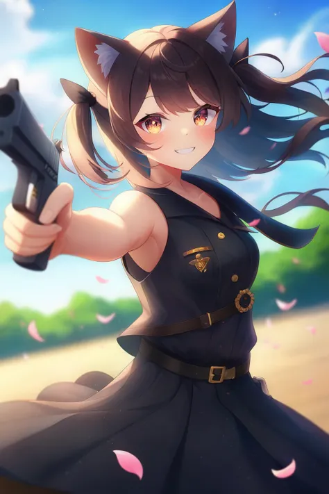 1girl, solo, cat ears, two side up, bare shoulders, smile, looking at viewer, newest, extremely aesthetic, best quality, wind, petals, outdoors, pointing gun, depth of field, handgun,