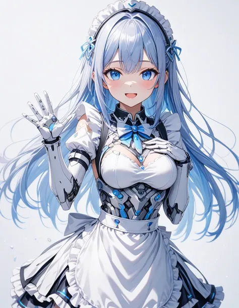 1girl, blue straight hair, long hair, iridescent hair, blue eyes, medium large breasts,,covered chest,Waving, hand on chest, bowing, android, white cybersuit, detailed embossed decoration on cybersuit , mechanical parts on body,blue silver trims on body, m...