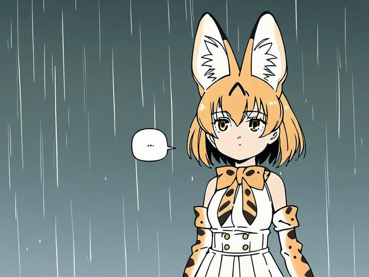 <lora:Frieren_Girls-PonyXL-1024px-v1.2:0.9>
score_5_up, score_6_up,  
1girl, solo, standing, serval (kemono friends), yellow eyes, white skirt, detached sleeves, animal print, expressionless, outdoors, savannah, raining, spoken_ellipsis