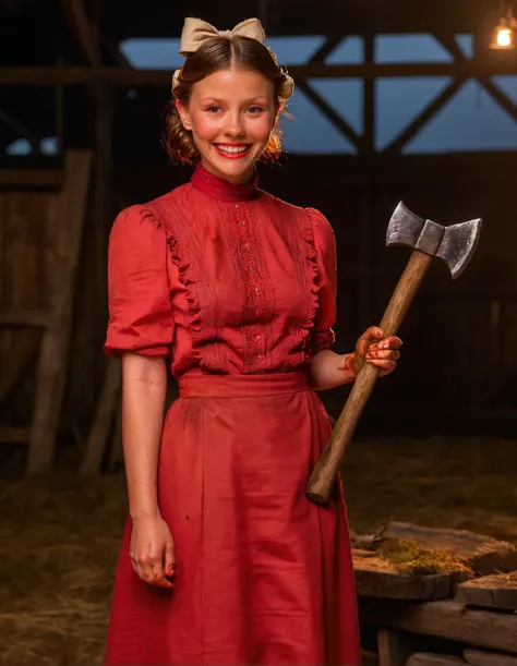 high resolution photo full body shot of m1ag0th woman,hair bun tied with a bow,wearing red dress with ruffled collar,smiling,holding an axe,masterpiece,surreal lighting,volumetric lighting,bokeh,depth of field,cinematic,in a barn