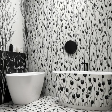 <lora:artfullyTULIPWILLOW_SDXL_V1:1>, arttlpwllw, repeating pattern, black and white, elegant, minimal, decadence, beautiful,willow and tulip
, tiled bathroom