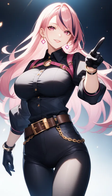 score_9, score_8_up, score_7_up, intricate details,
1girl, solo, belt, pink eyes, long hair, smile, shirt, looking at viewer, gloves, brown belt, black shirt, long sleeves, pants, jewelry, earrings, pink hair, black pants, collared shirt, black gloves, puf...