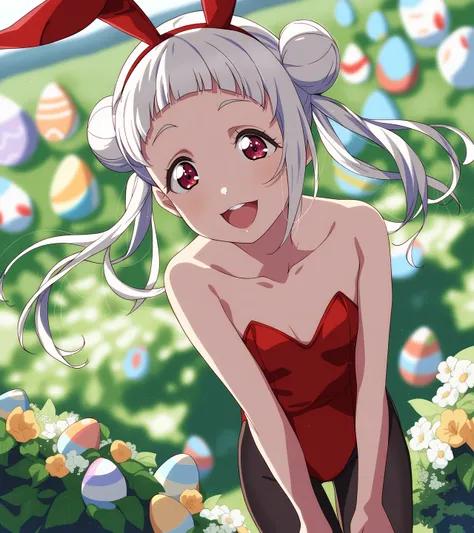 love live!, 1girl, arashi chisato, white hair, red eyes, double bun, hair bun, twintails, blunt bangs, long hair, young, skinny,
outside, blurry background, beautiful garden, flowers, rainbow, easter eggs, happy, sunny, open mouth, groin, hip bones, collar...