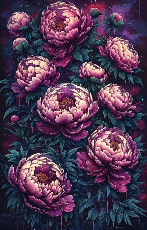 masterpiece,best quality,<lora:tbh160-sdxl:0.9>,illustration,style of Dan Mumford, decaying peonies